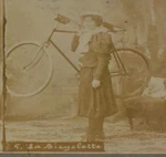 Antique Vintage Stereoview Card La Bicyclette French Woman Carrying Bike. Fixed Price $19.95.