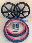 20" Bicycle Plastic Black Mag Wheels, Red Wall Tires Set Gt Dyno Old School Rims. Fixed Price $120.00.