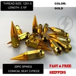 20 Gold 3.18" Spike Lug Nuts M12X1.5 For Aftermarket Wheels 60 Conical Seat. Fixed Price $47.99.