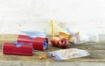 Kuhn Rikon Swiss Design 2 Lg Red Poly Bag Holder Grips 7" 3.5" 3" T Nos. Fixed Price $14.99.