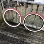 Prewar Og Red Triple Step 26 Skiptooth Wheels Morrow Hub Royal Chain Tires. Fixed Price $650.00.