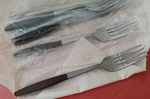12 Royal Teak Dinner Forks Forged Stainless Canoe Muffin Style Japan Tiki Nos. Fixed Price $32.00.
